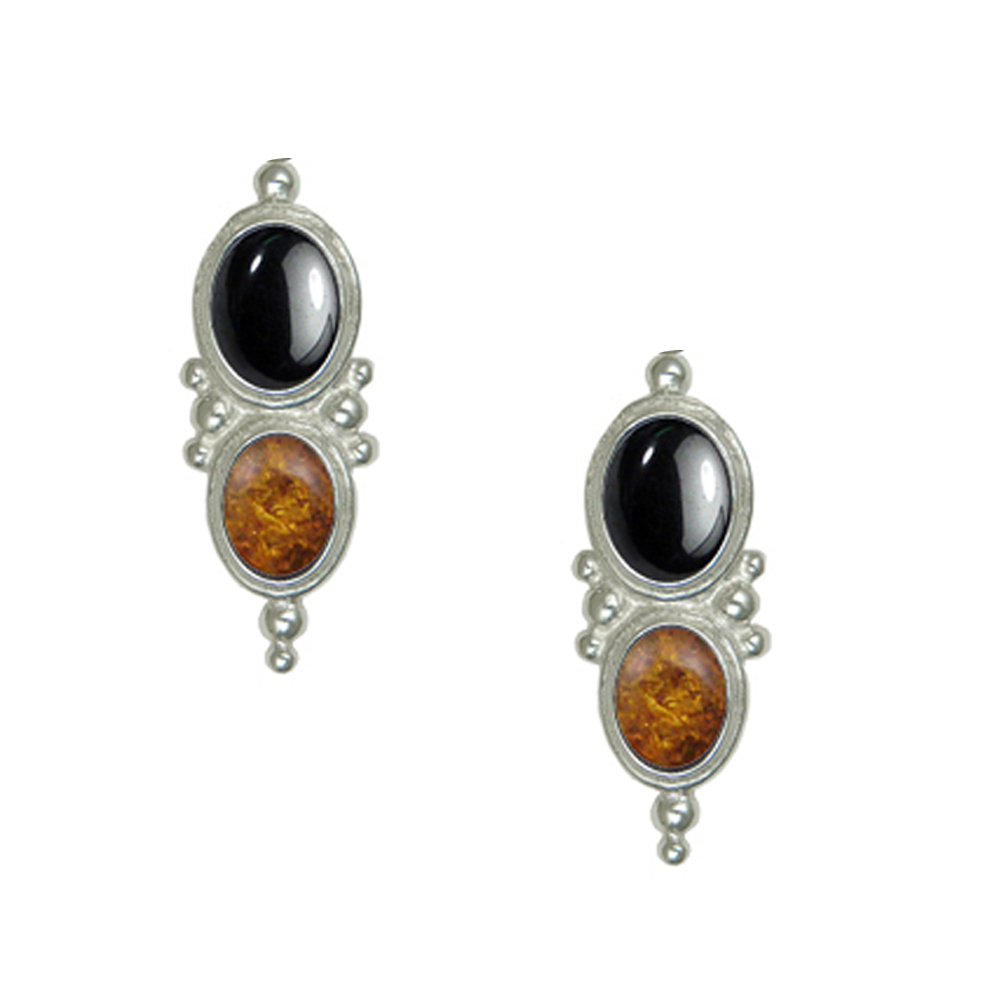 Sterling Silver Drop Dangle Earrings With Hematite And Amber